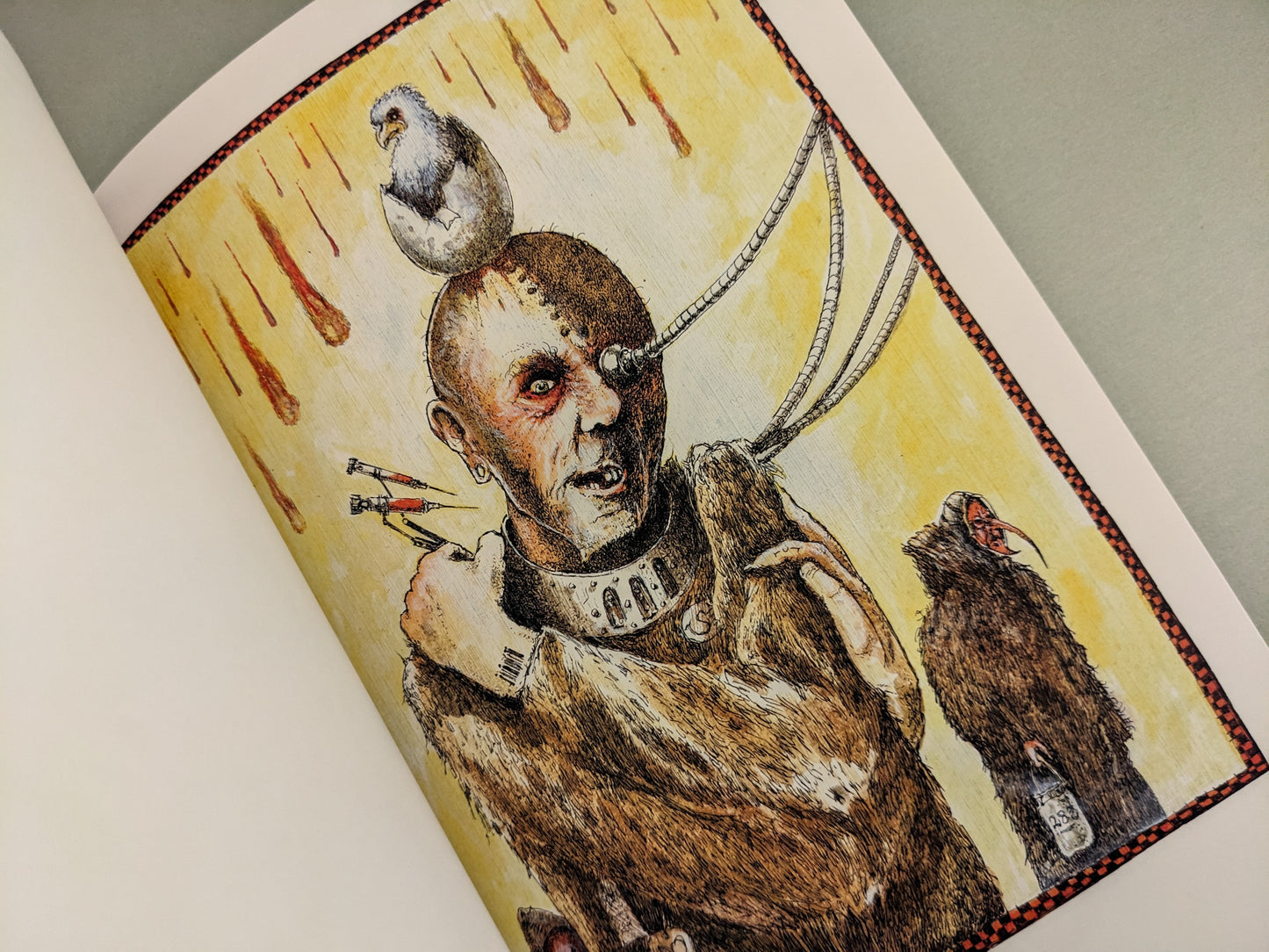 Character with cybernetic implants and bird imagery