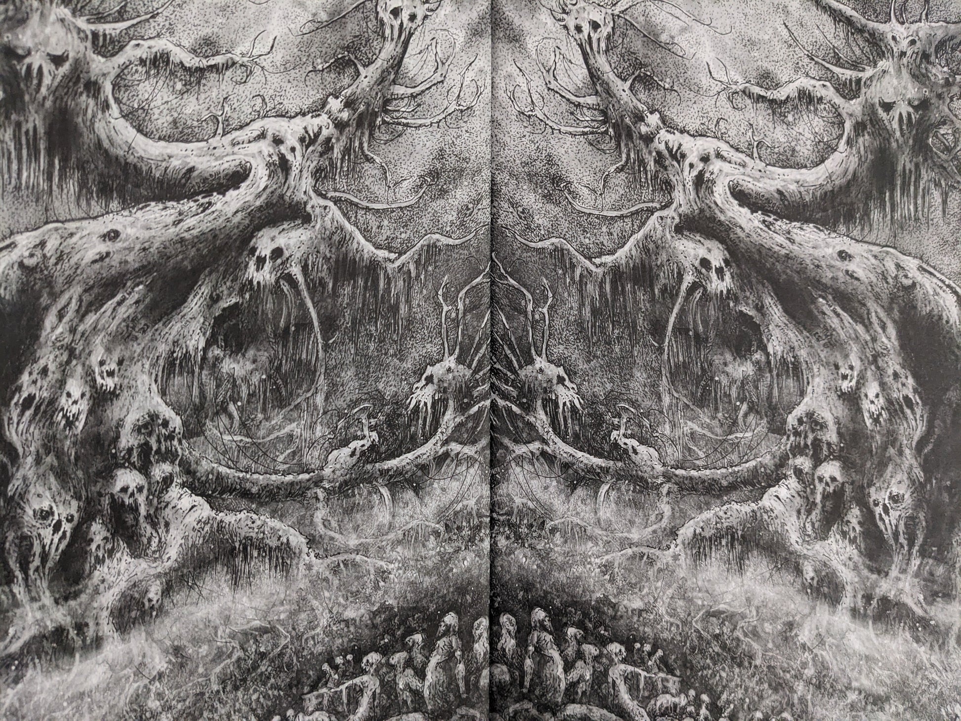 Black-and-white illustration of twisted tree roots from Scions of Voodoo