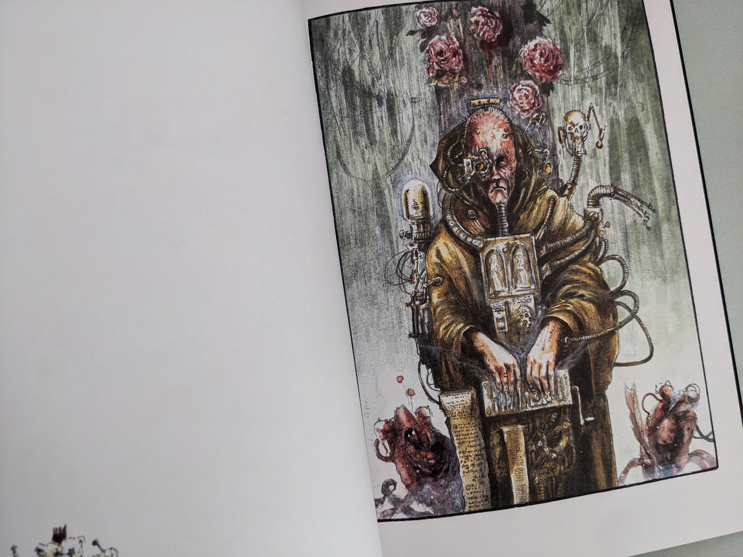 Mysterious figure surrounded by mechanical devices and roses