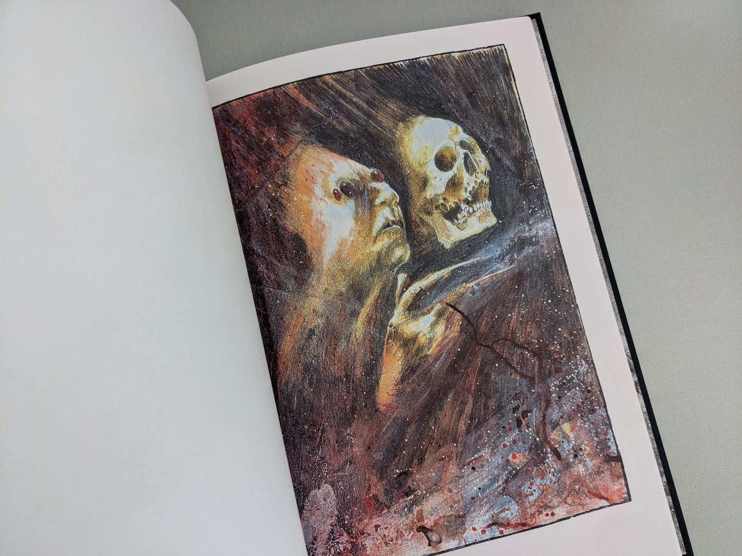 Surreal dark fantasy scene with a skull and ghostly figure