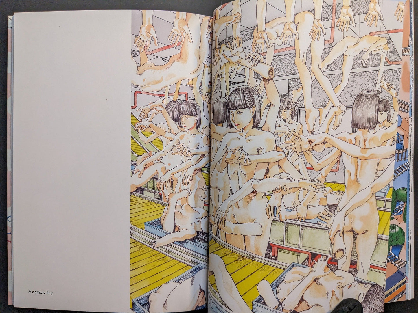 Interior spread titled “Assembly line” showing a dense, surreal collage of mannequin-like figures and hands in a factory setting.
