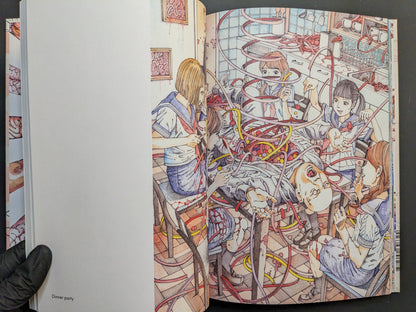 Interior spread titled “Dinner party” featuring a crowded scene with tubing and surreal medical motifs.