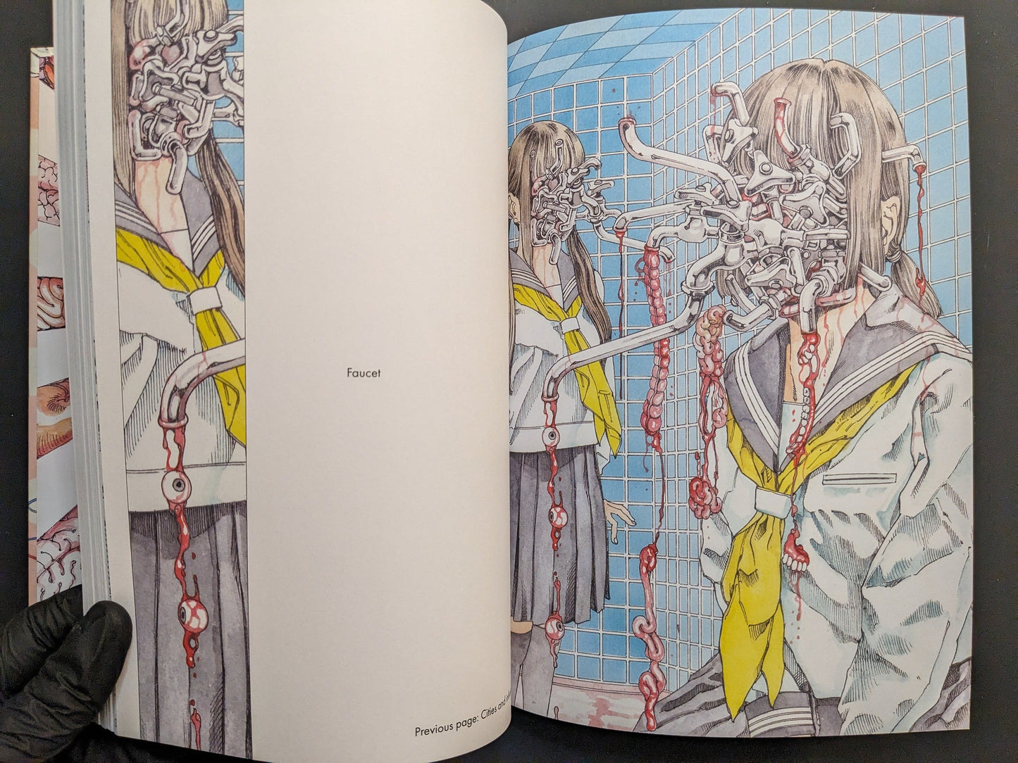 Interior spread titled “Faucet” with school uniforms and mechanical fixtures attached to faces.