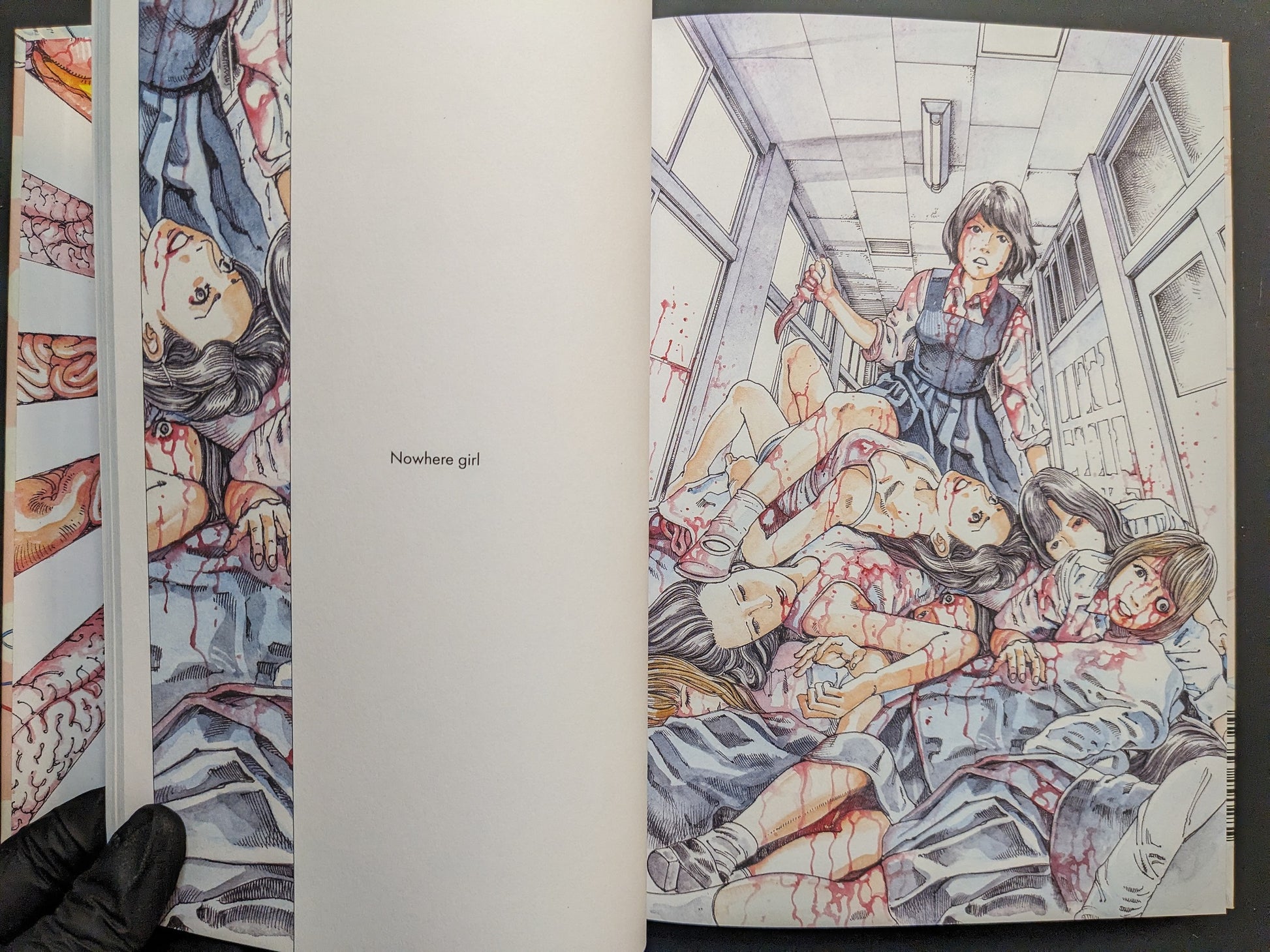 Interior spread titled “Nowhere girl” showing a hallway scene with figures and blood effects.