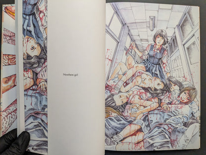 Interior spread titled “Nowhere girl” showing a hallway scene with figures and blood effects.