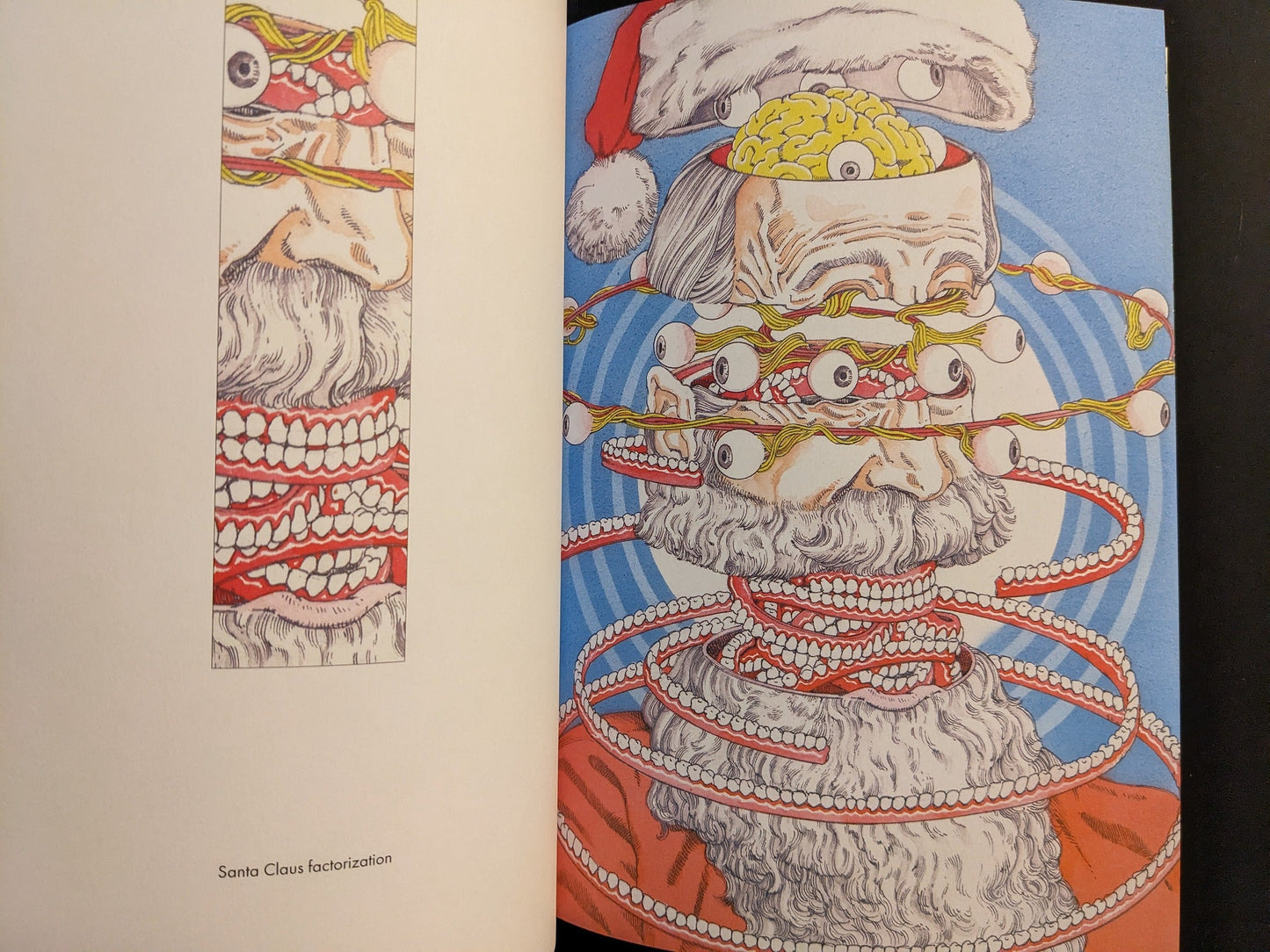 Plate titled “Santa Claus Deconstruction”, with a festive figure spiraled with teeth and eyes.