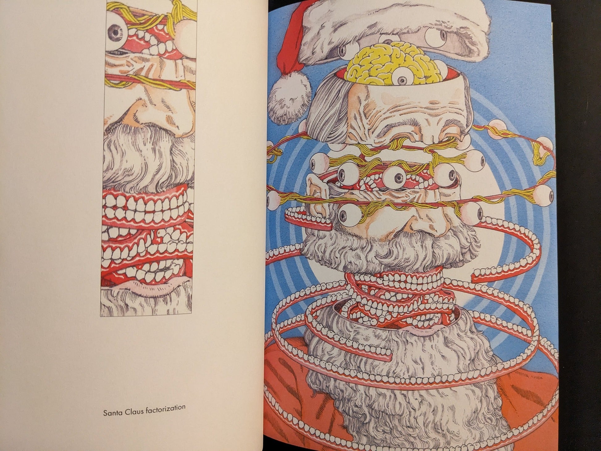 Plate titled “Santa Claus Deconstruction”, with a festive figure spiraled with teeth and eyes.