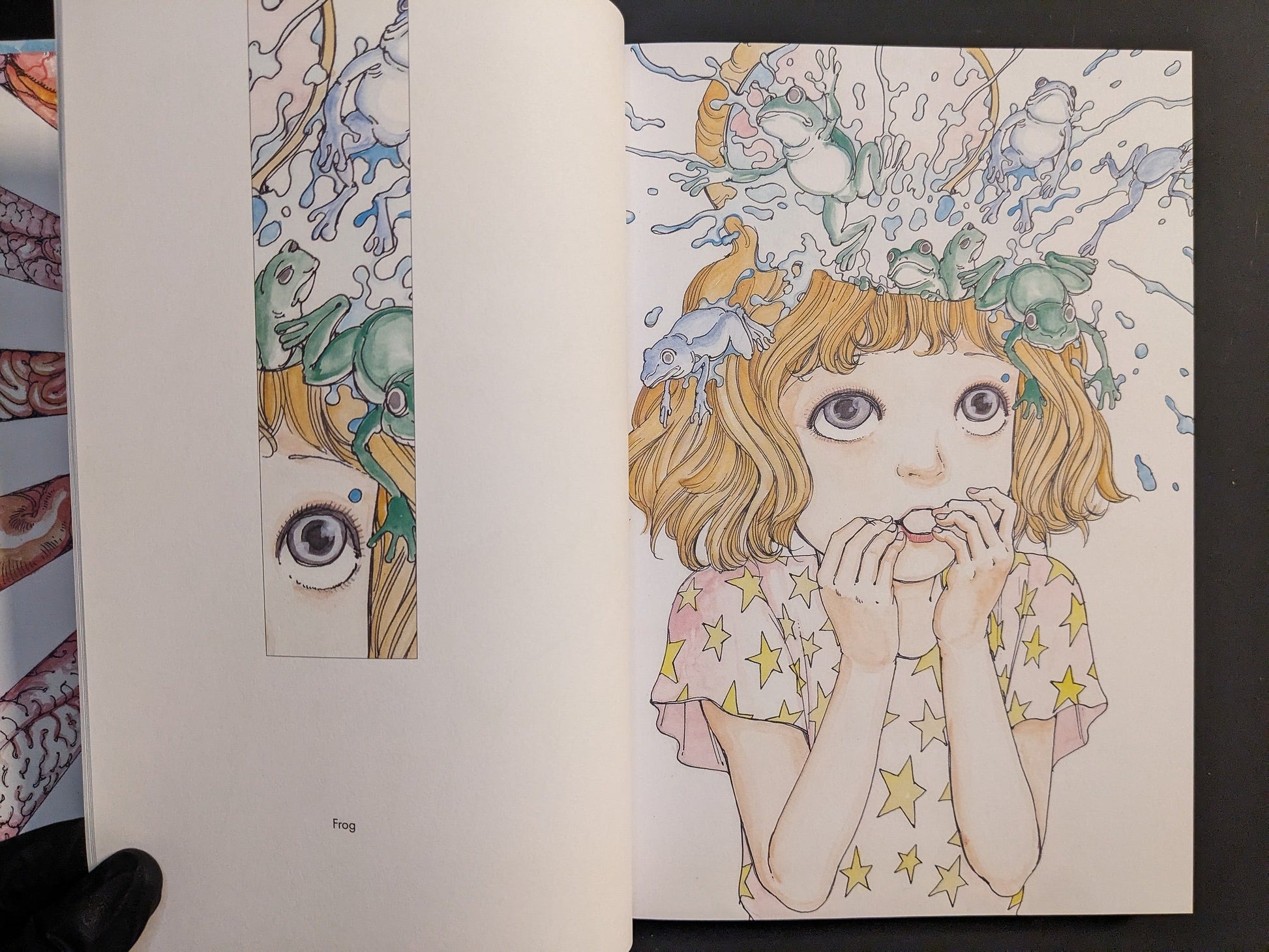 Plate titled “Frog”: girl with frogs splashing across her hair, from Kago’s Artbook Vol. 2.