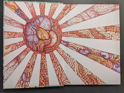Endpaper illustration with a rising-sun design formed from organs and tissue.
