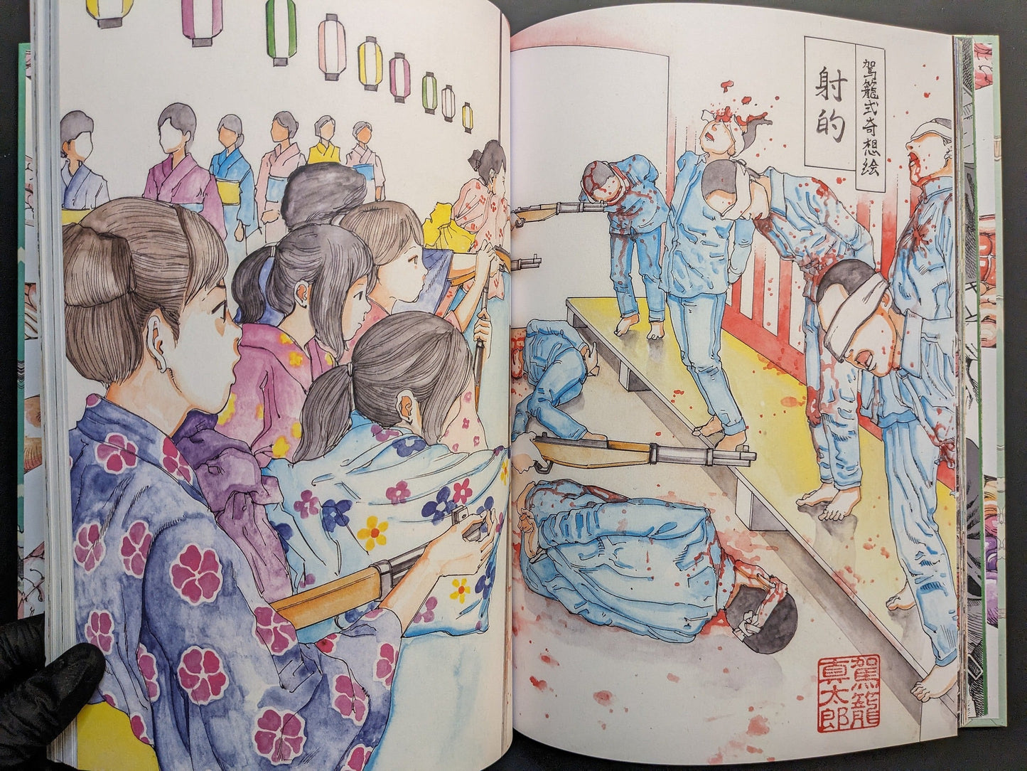 Crowded festival shooting-gallery scene rendered in Kago’s ero-guro style, with girls aiming rifles amid lanterns and motion lines.