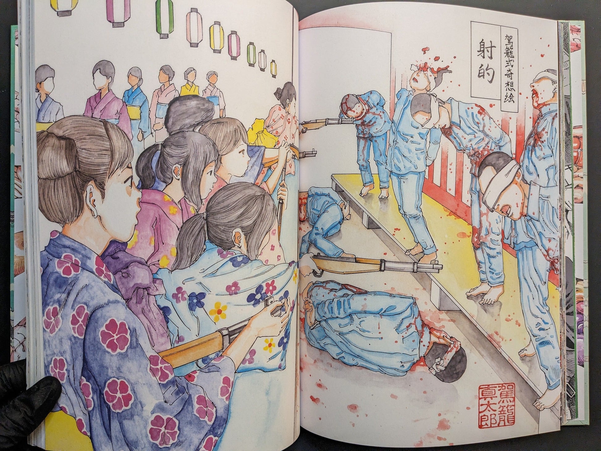 Crowded festival shooting-gallery scene rendered in Kago’s ero-guro style, with girls aiming rifles amid lanterns and motion lines.