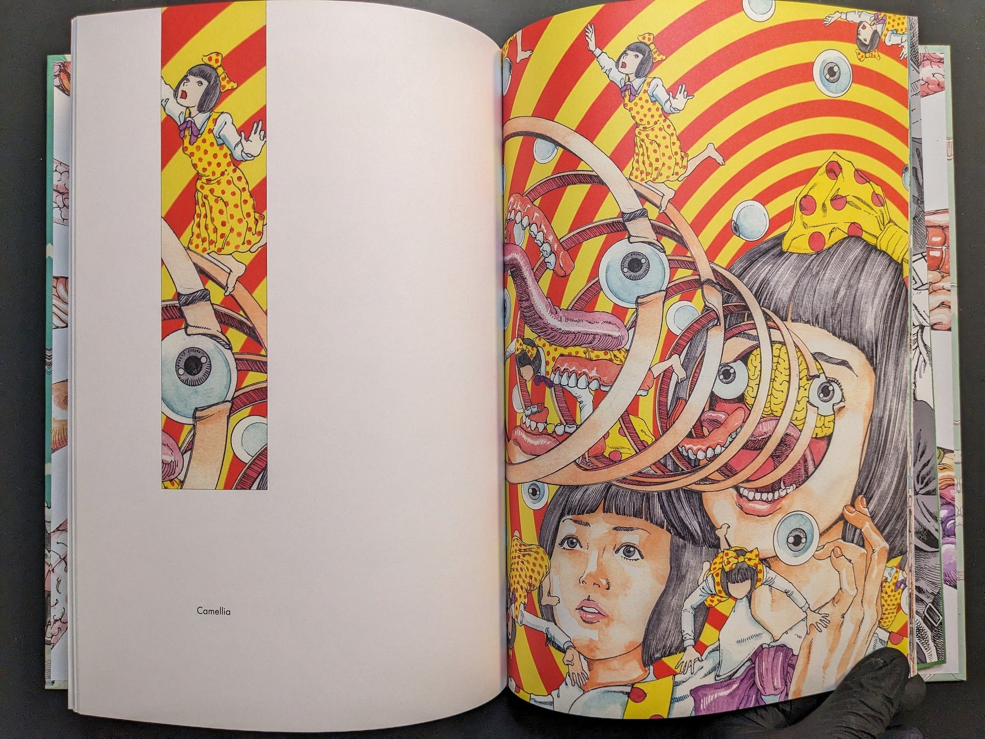 “Camomile” — kaleidoscopic portrait with floating eyeballs and red-yellow spirals, miniature doll figures orbiting the head.