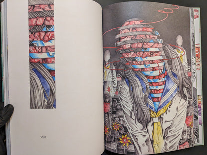 “Ghost” — schoolgirl form sliced into spiraling bands with internal anatomy motifs, delicate watercolor linework.