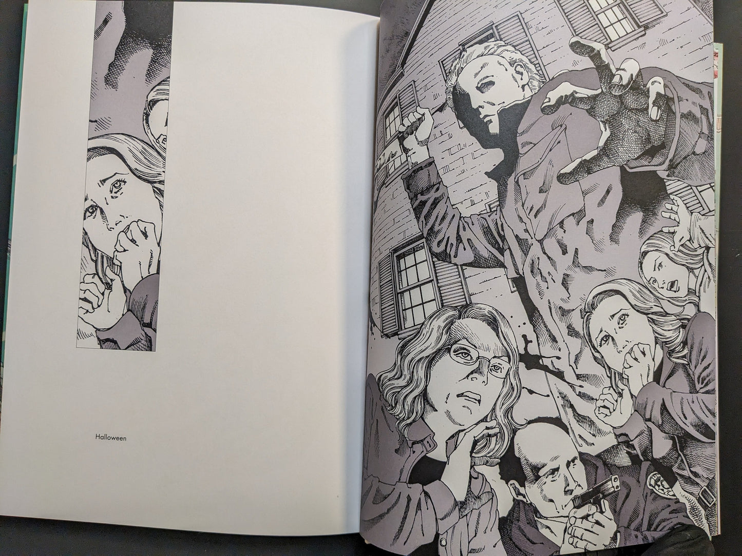 Black-and-white “Halloween” homage—slasher figure looms over frightened bystanders outside a house, manga cross-hatching.