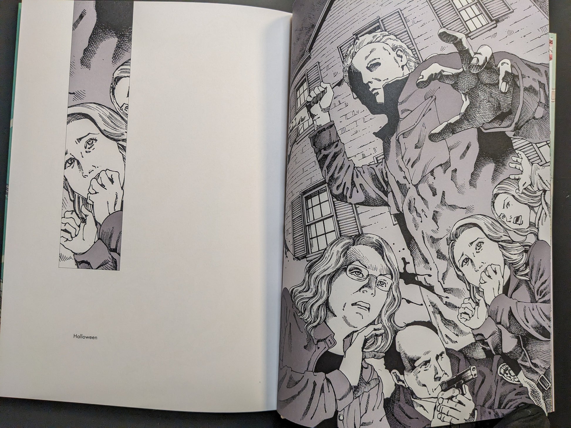 Black-and-white “Halloween” homage—slasher figure looms over frightened bystanders outside a house, manga cross-hatching.