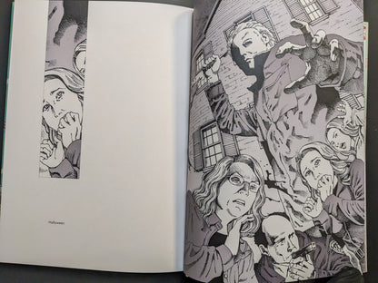 Black-and-white “Halloween” homage—slasher figure looms over frightened bystanders outside a house, manga cross-hatching.
