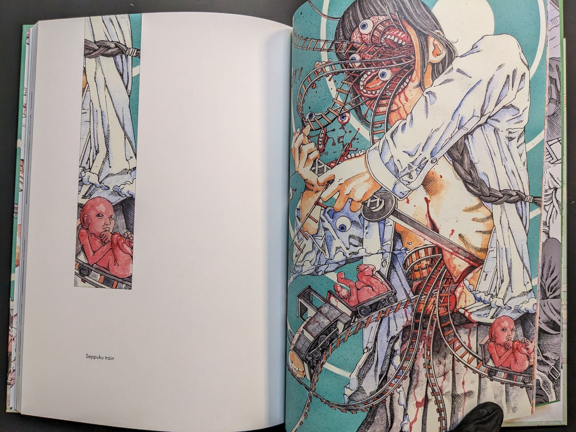 “Seppuku train” — surreal trackwork and anatomy imagery intersecting a girl’s torso, newborn figures riding tiny railcars.