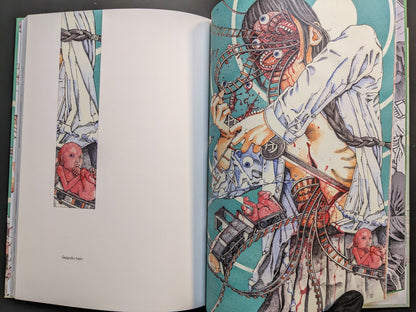 “Seppuku train” — surreal trackwork and anatomy imagery intersecting a girl’s torso, newborn figures riding tiny railcars.