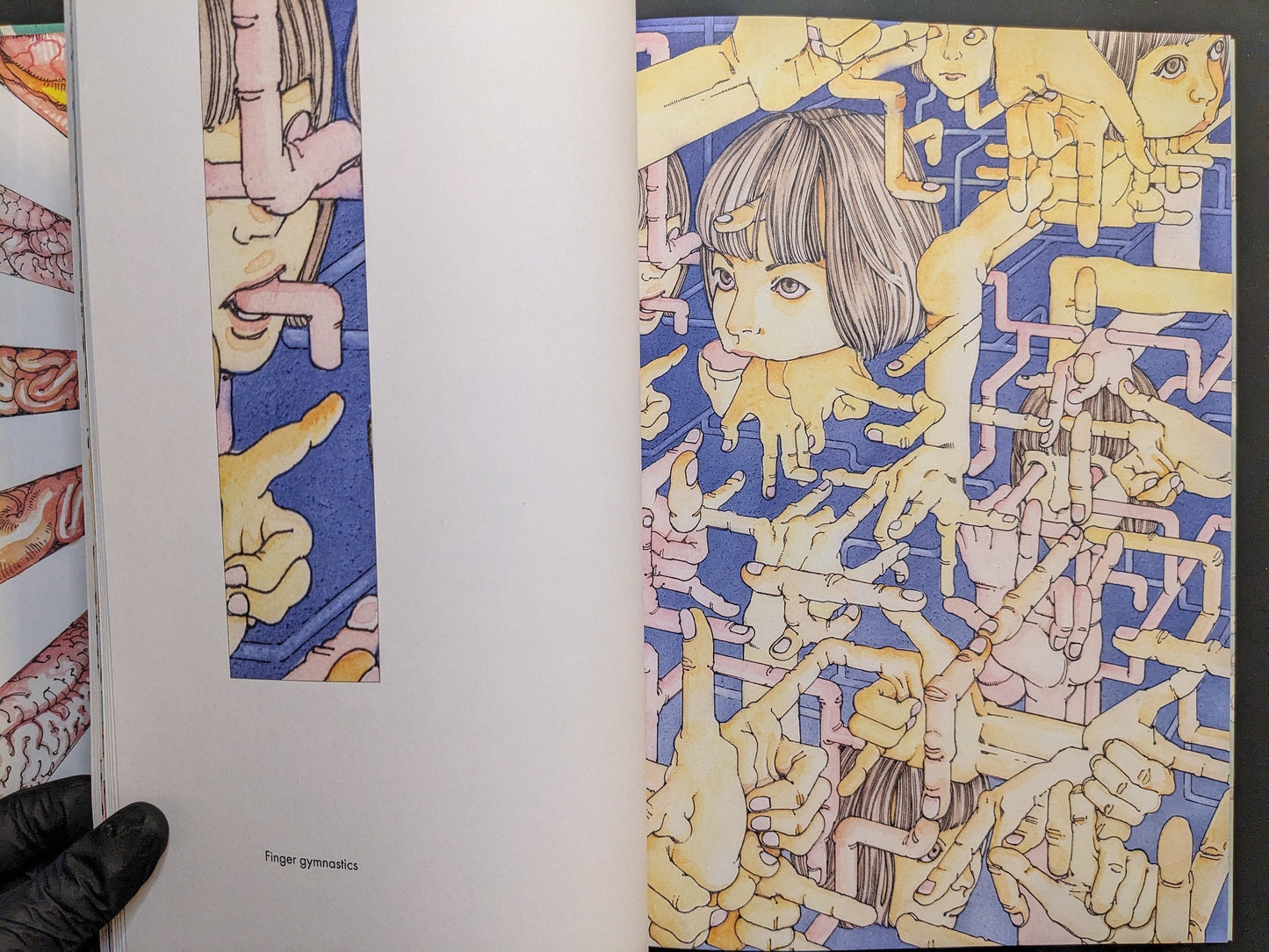 “Finger gymnastics” composition of multiplied hands and figures against a blue ground (left page of spread).