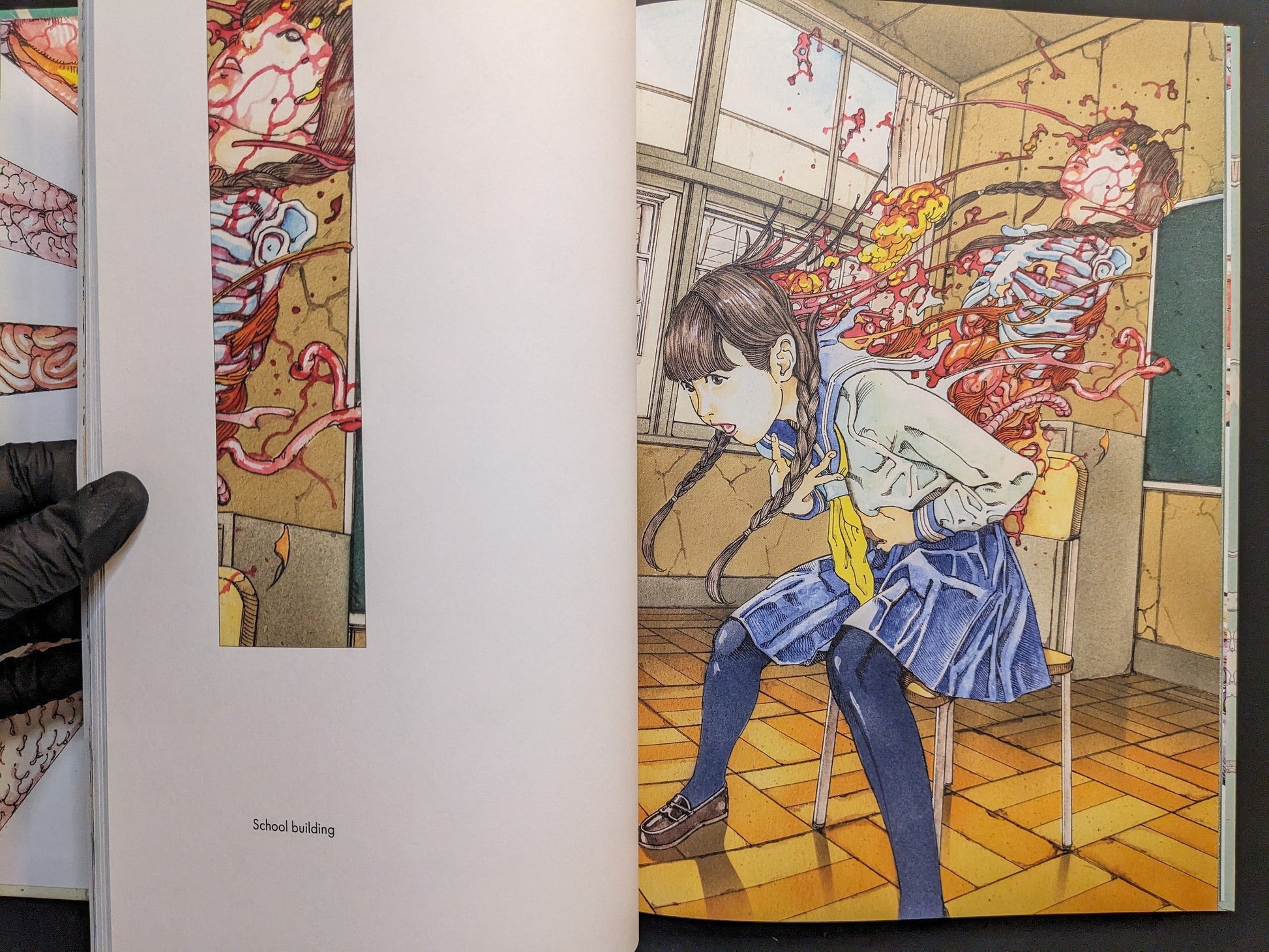 Schoolgirl seated in a classroom with exposed interior forms; “School building” captioned artwork.