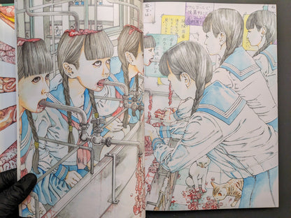 Classroom washroom scene with students connected to faucets, rendered in Kago’s surreal anatomical style.