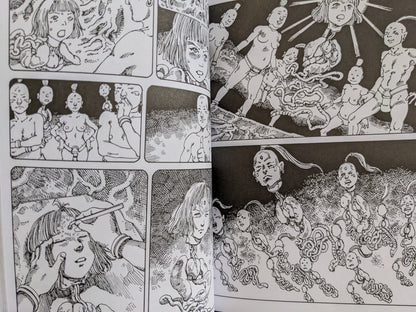 Scene depicting floating heads and disembodied characters in a grotesque ceremony