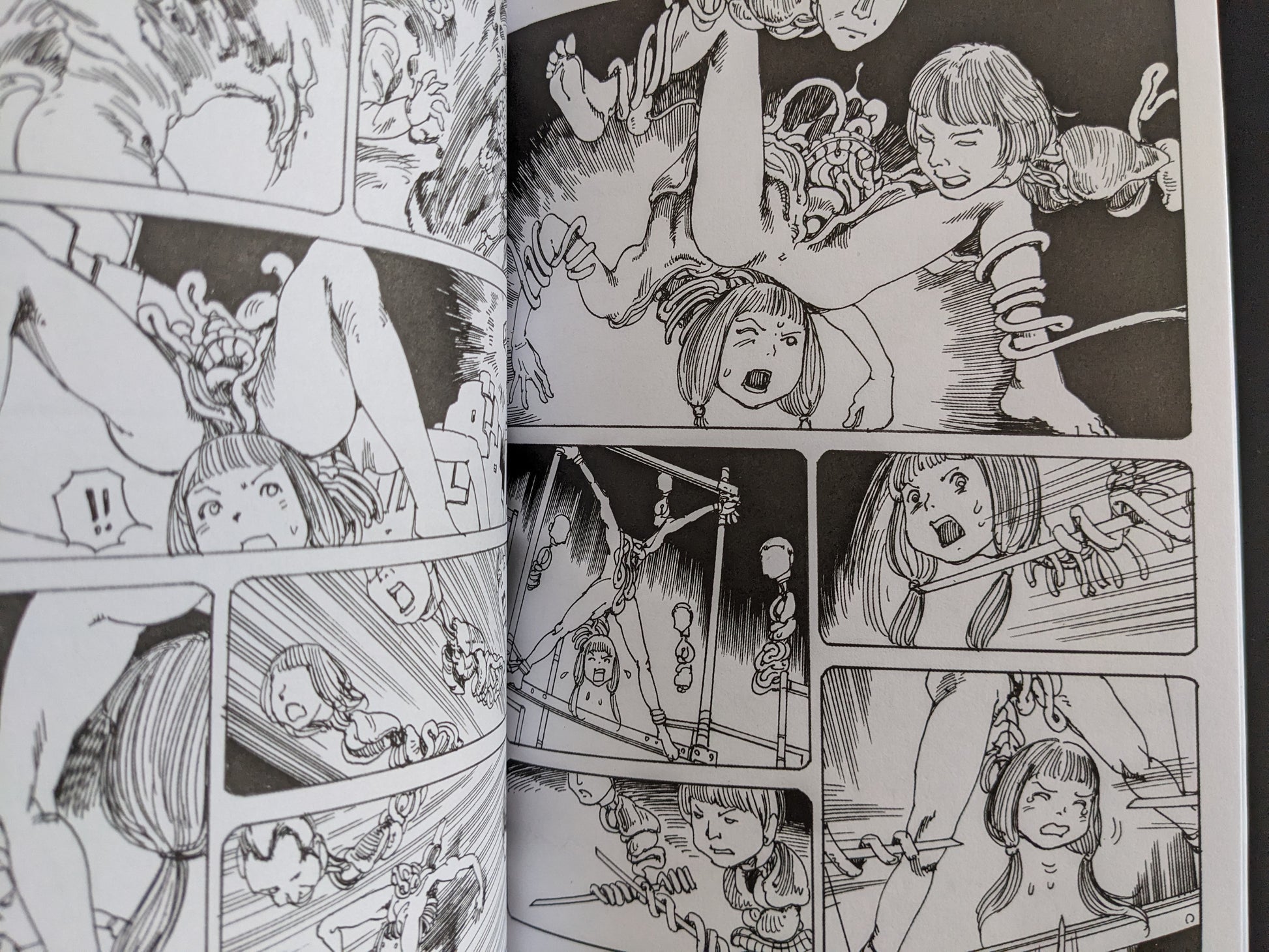 Comic panel with surreal body horror, characters entangled with tentacles and suspended in space