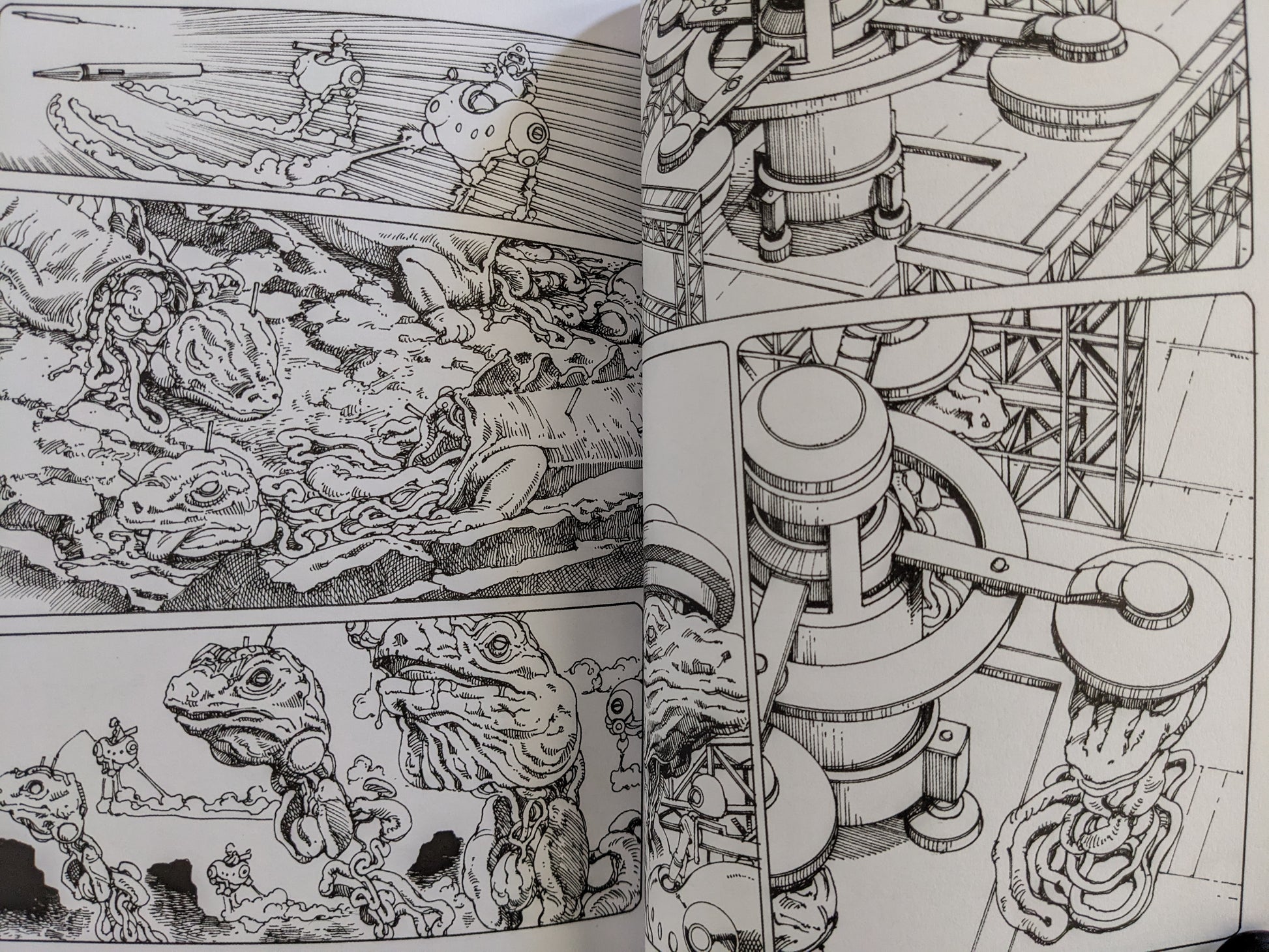 Comic scene with mutant reptiles and industrial surrealist machinery in heavy ink detail