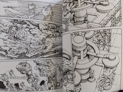 Comic scene with mutant reptiles and industrial surrealist machinery in heavy ink detail