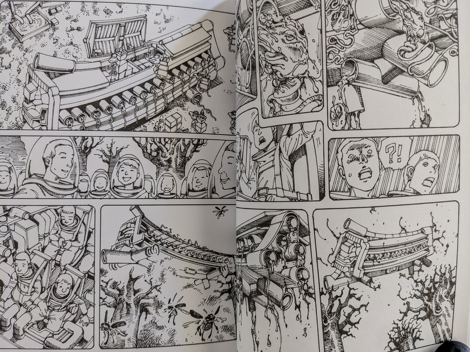 Science fiction comic sequence with astronauts, mechanical constructs, and organic disintegration