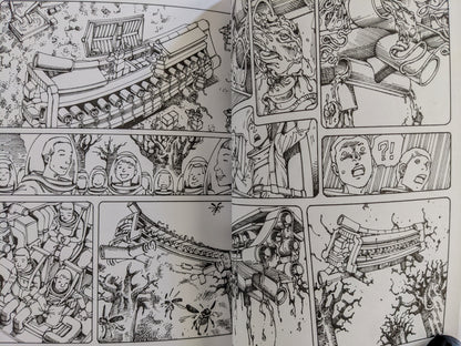 Science fiction comic sequence with astronauts, mechanical constructs, and organic disintegration