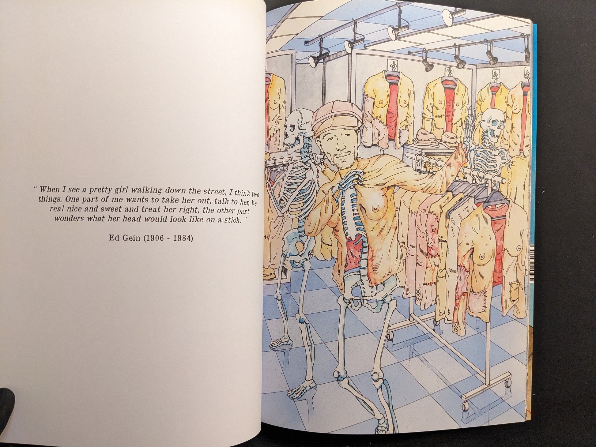 Interior spread with Ed Gein quote and macabre boutique scene, “ICONS Vol.1”.