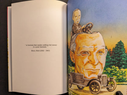 Interior spread with Henry Ford quote and caricature portrait in countryside, “ICONS Vol.1”.