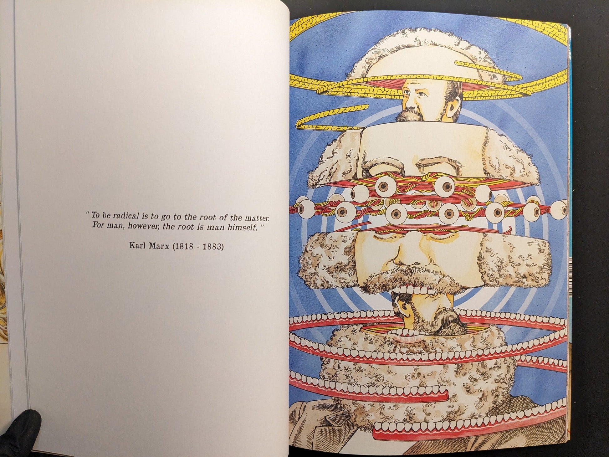 Interior spread with Karl Marx quote and concentric portrait with eyes motif, “ICONS Vol.1”.