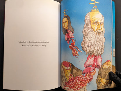 Interior spread with Leonardo da Vinci quote and surreal Mona Lisa motif, “ICONS Vol.1”.