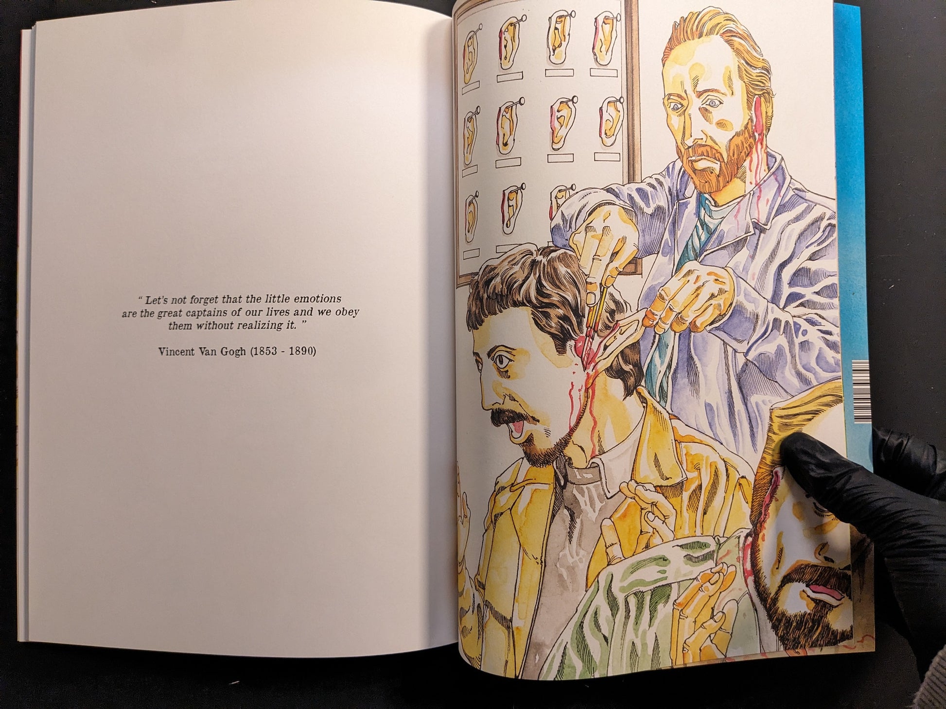 Interior spread with Vincent van Gogh quote and staged ear-cutting scene, “ICONS Vol.1”.