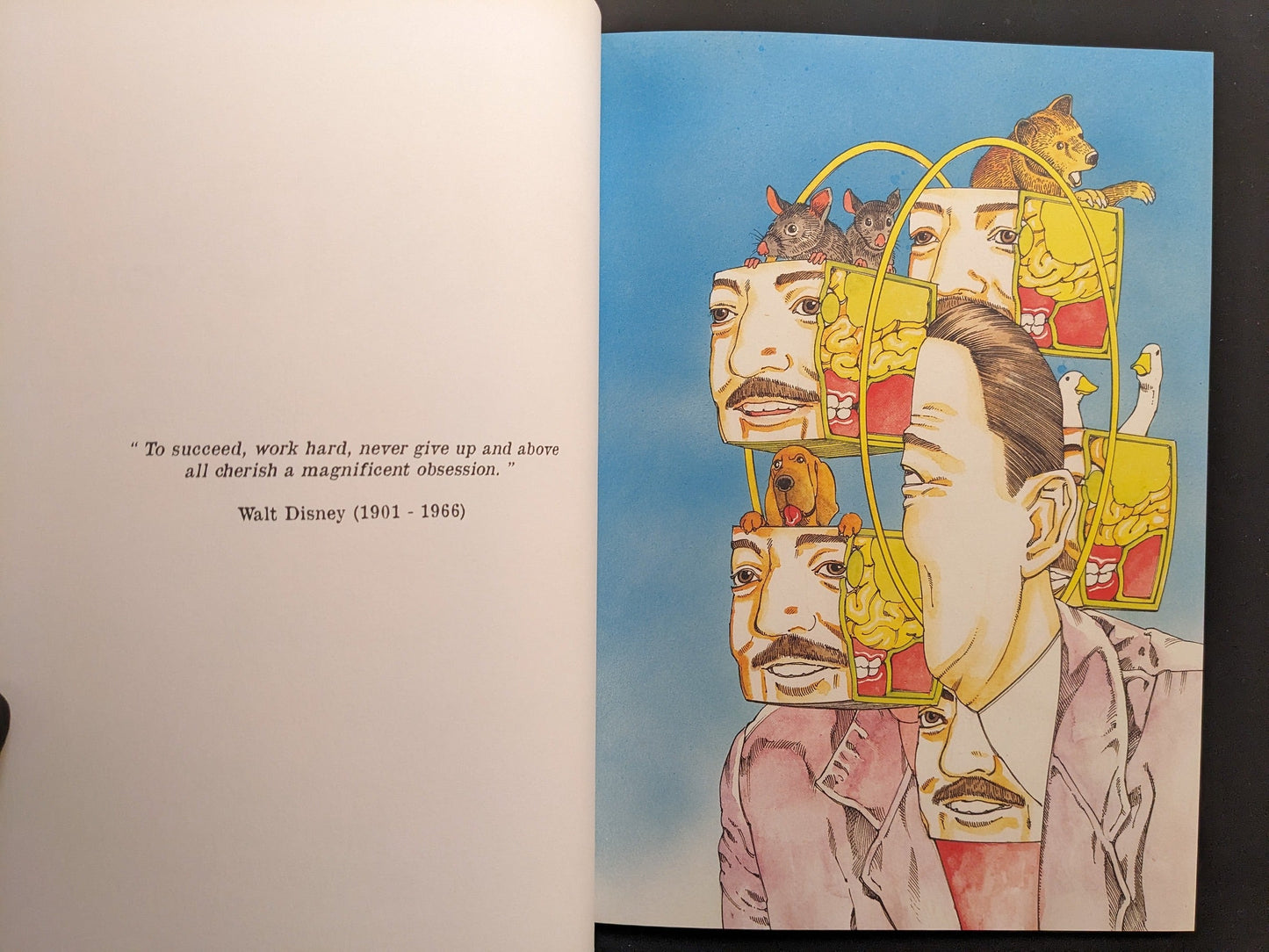 Interior spread with Walt Disney quote and multi-panel surreal portrait, “ICONS Vol.1”.