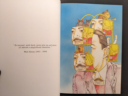 Interior spread with Walt Disney quote and multi-panel surreal portrait, “ICONS Vol.1”.