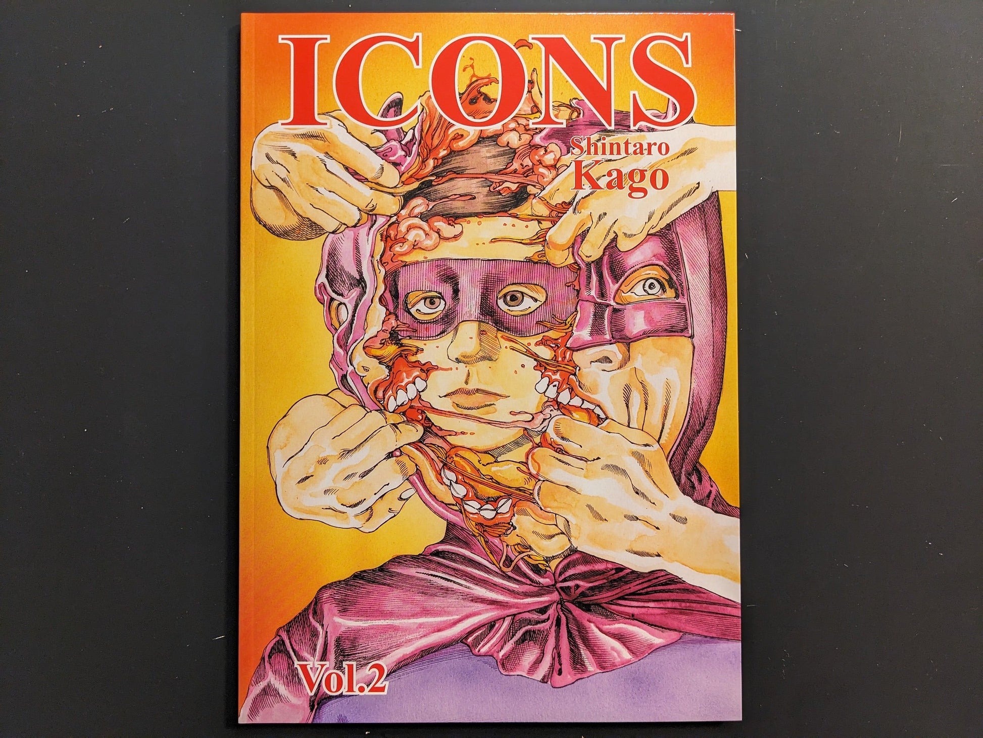Front cover of Shintaro Kago — ICONS Vol. 2 with a flayed mask portrait.