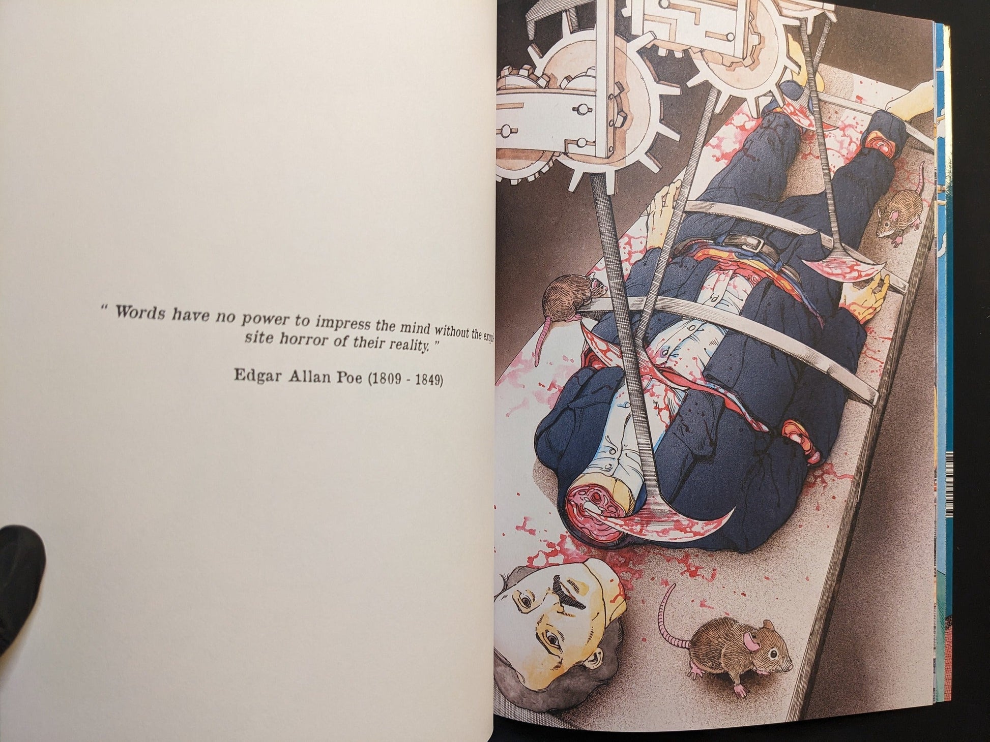 Edgar Allan Poe bound beneath a descending blade with rats nearby, opposite quotation.