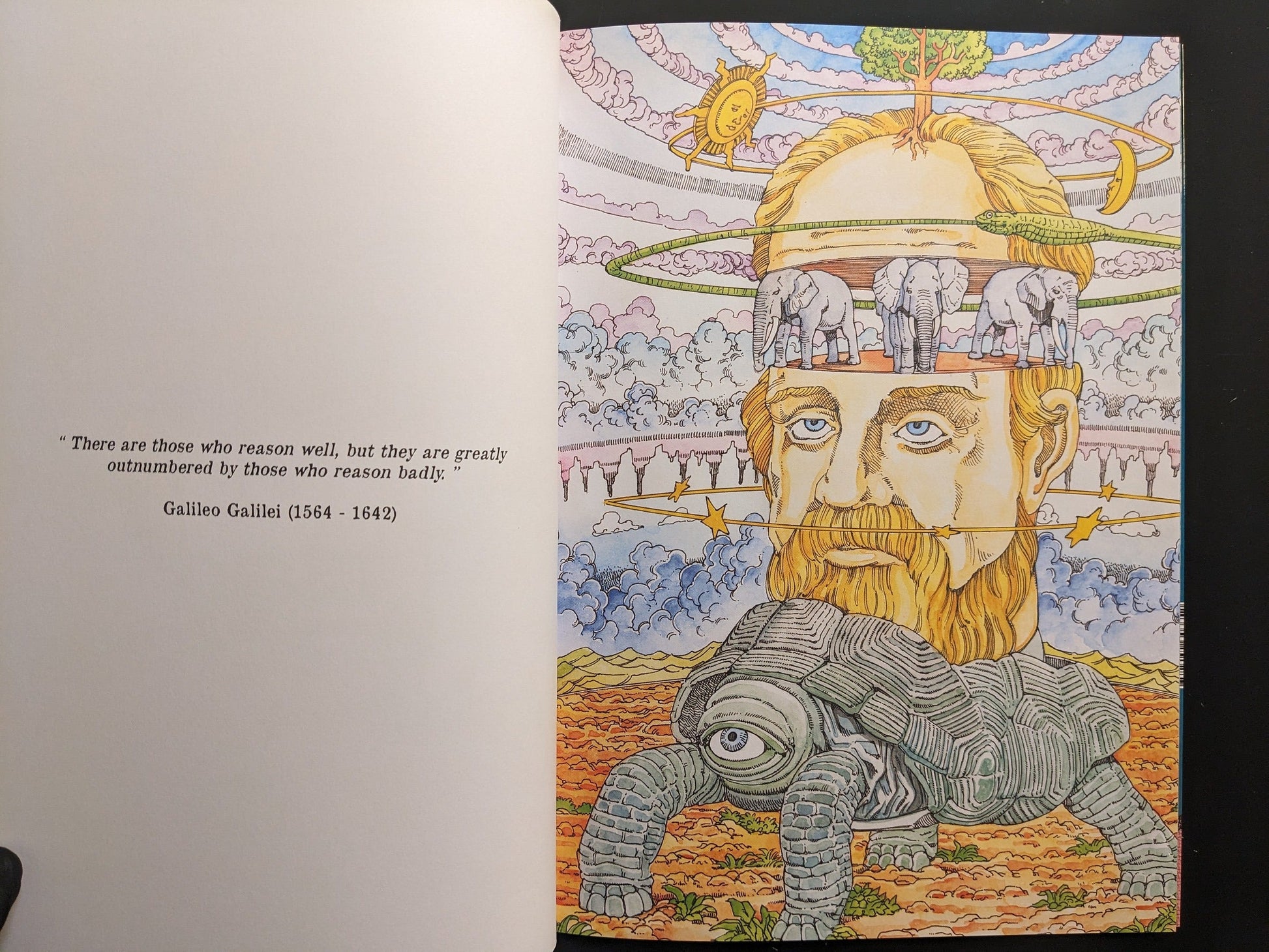 Galileo Galilei portrayed with celestial rings and a turtle device, opposite the quote.