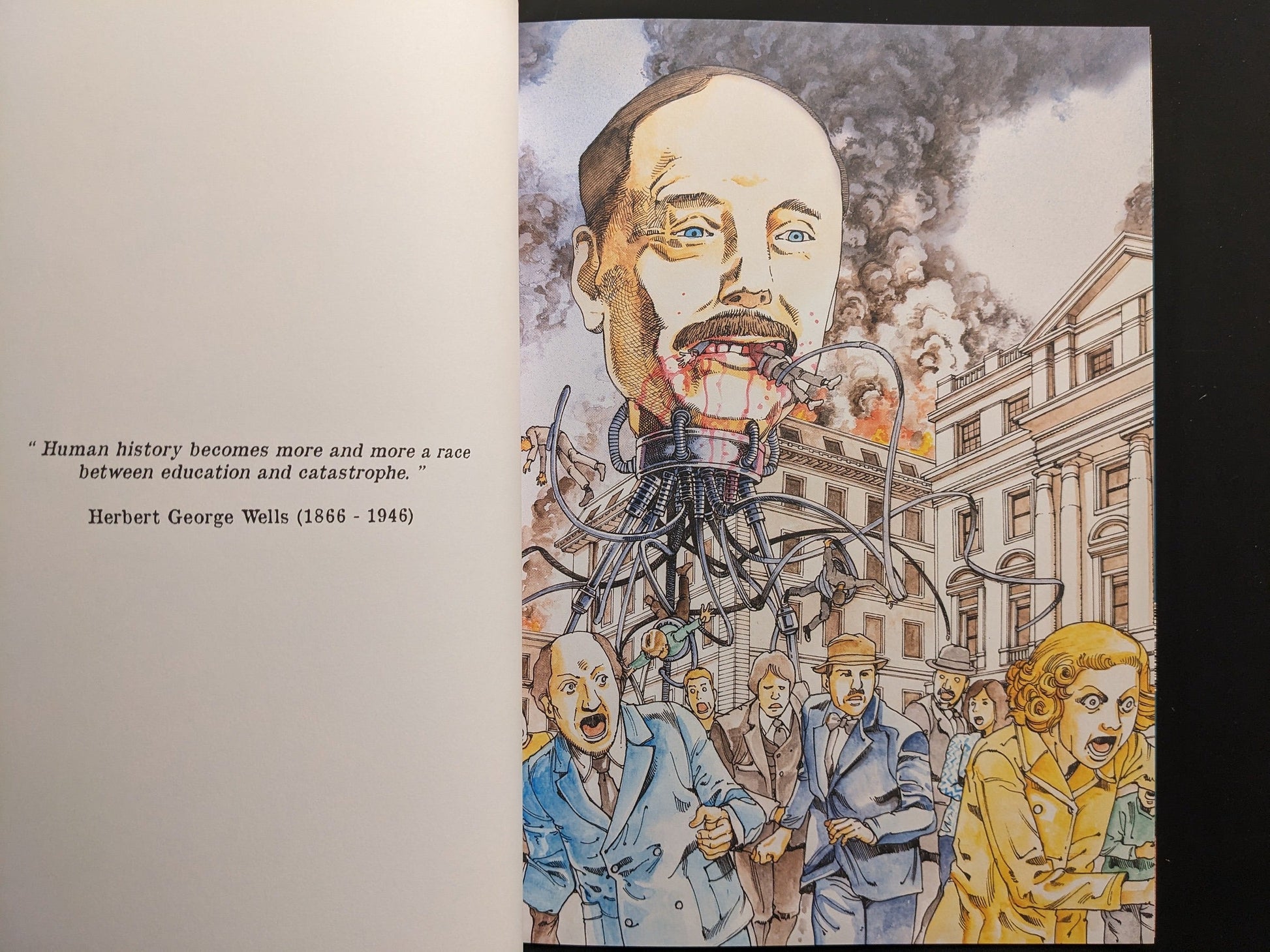 H. G. Wells illustrated with a War-of-the-Worlds attack scene, opposite the author’s quote.