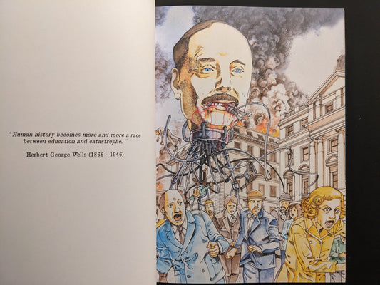 H. G. Wells illustrated with a War-of-the-Worlds attack scene, opposite the author’s quote.