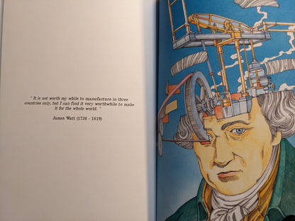 James Watt with a steam engine emerging from his head, opposite the quotation.