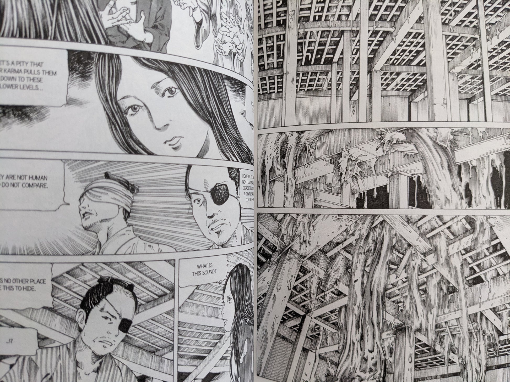 Panel featuring characters in dialogue and strange organic structures – from Shintaro Kago’s manga.