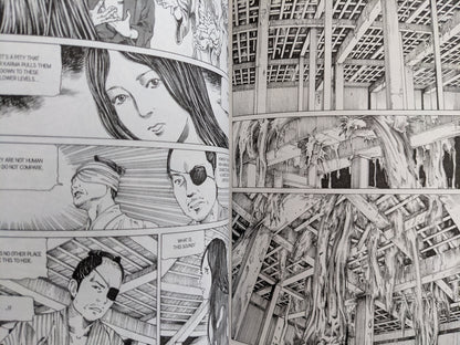 Panel featuring characters in dialogue and strange organic structures – from Shintaro Kago’s manga.