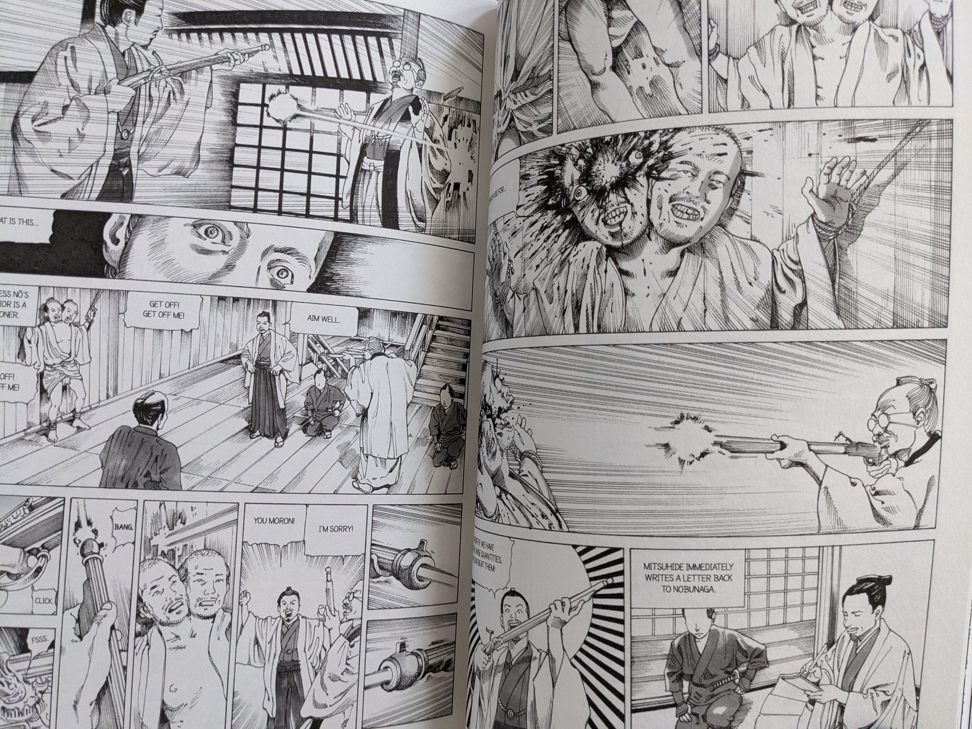 Gunfire and dual-headed figures from Shintaro Kago’s epic manga narrative.