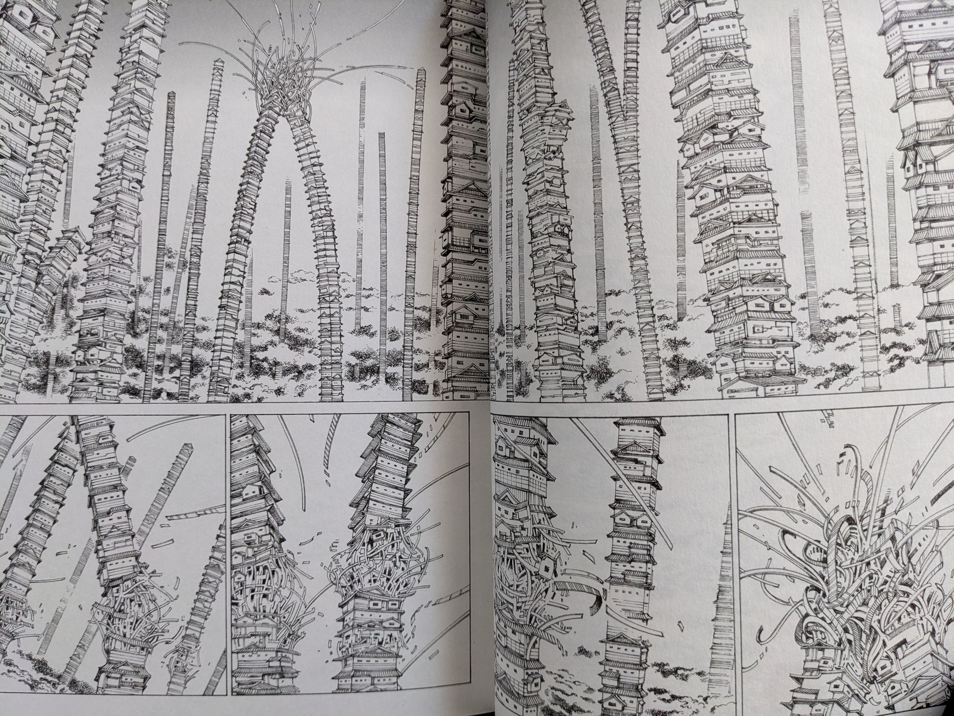 Alien-like castle towers multiplying into the sky – surreal architecture from Shintaro Kago’s manga.