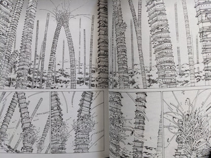 Alien-like castle towers multiplying into the sky – surreal architecture from Shintaro Kago’s manga.