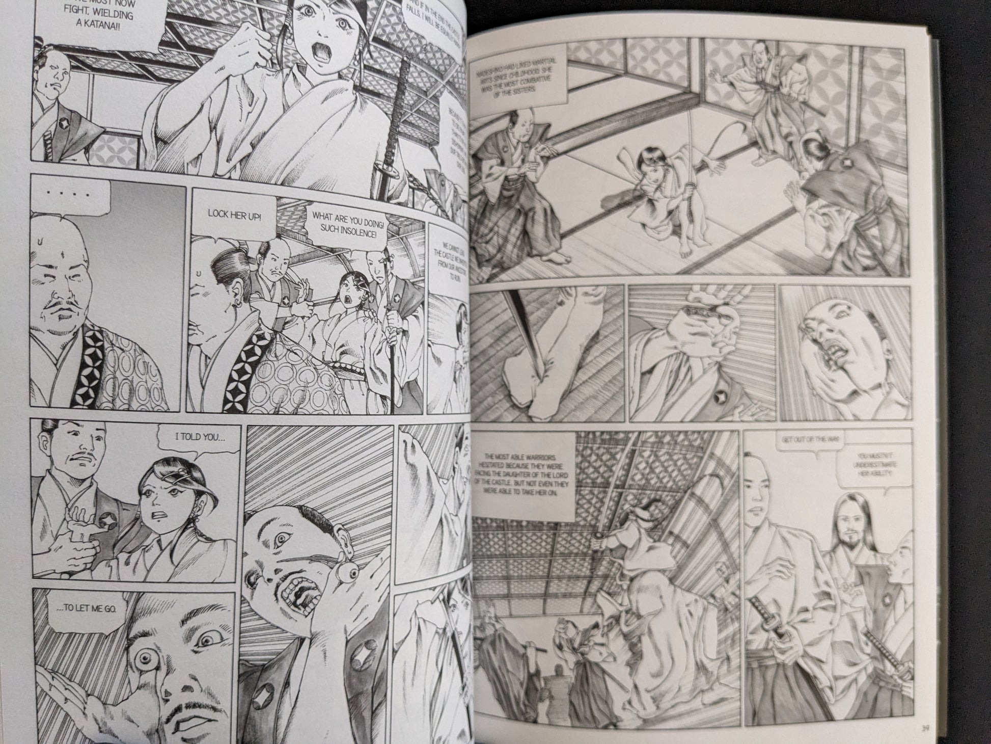 Interior manga page showing a fight scene and samurai confrontation